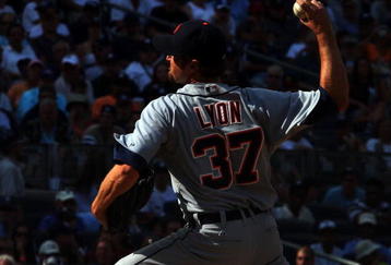 NEW YORK - JULY 19:  Brandon Lyon #37 of the Detroit Tigers pitches against the New York Yankees on July 19, 2009 at Yankee Stadium in the Bronx borough of New York City.  (Photo by Jim McIsaac/Getty Images)