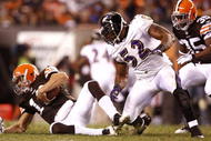 CLEVELAND - NOVEMBER 16: Ray Lewis #52 of the Baltimore Ravens sacks Brady Quinn #10 of the Cleveland Browns in the third quarter at Cleveland Browns Stadium on November 16, 2009 in Cleveland, Ohio.  (Photo by Matt Sullivan/Getty Images)
