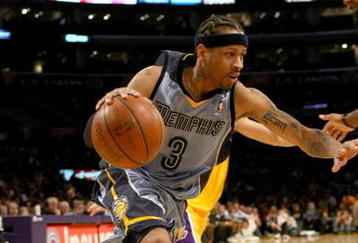 LOS ANGELES - NOVEMBER 6:   Allen Iverson #3 of the Memphis Grizzlies drives against the Los Angeles Lakers on November 6, 2009 at Staples Center in Los Angeles, California. The Lakers won 114-98. NOTE TO USER: User expressly acknowledges and agrees that, by downloading and/or using this Photograph, user is consenting to the terms and conditions of the Getty Images License Agreement.    (Photo by Stephen Dunn/Getty Images)