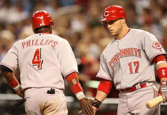PHOENIX - MAY 12:  Laynce Nix #17 of the Cincinnati Reds congratulates teammate Brandon Phillips #4 after he scored against the Arizona Diamondbacks during the fourth inning of the major league baseball game at Chase Field on May 12, 2009 in Phoenix, Arizona.  (Photo by Christian Petersen/Getty Images)