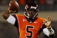 BLACKSBURG, VA - OCTOBER 29:  Quarterback Tyrod Taylor #5 of the Virginia Tech University Hokies throws the ball against the North Carolina Tar Heels during the first quarter of the game at Lane Stadium on October 29, 2009 in Blacksburg, Virginia.  (Photo by Scott Halleran/Getty Images)