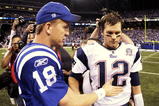 INDIANAPOLIS - NOVEMBER 15:  Quarterback Peyton Manning #18 of the Indianapolis Colts greets Tom Brady #12 of the New England Patriots after the game at Lucas Oil Stadium on November 15, 2009 in Indianapolis, Indiana.  The Colts won the game 35-34. (Photo by Jamie Squire/Getty Images)