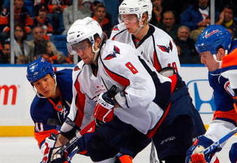 UNIONDALE, NY - OCTOBER 24:  Alex Ovechkin #8 of the Washington Capitals skates against the New York Islanders on October 24, 2009 at Nassau Coliseum in Uniondale, New York. The Capitals won the game 3-2 in overtime.  (Photo by Jim McIsaac/Getty Images)