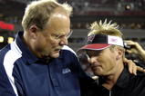 TAMPA, FL - OCTOBER 19: Coach Mike Holmgren of the Seattle Seahawks hugs coach Jon Gruden of the Tampa Bay Buccaneers after play at Raymond James Stadium on October 19, 2008 in Tampa, Florida. (Photo by Al Messerschmidt/Getty Images)