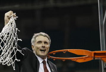 1 Apr 2002:  Coach Gary Williams of Maryland hoists the net in celebration following Maryland's victory in the Men's NCAA National Championship game at the Georgia Dome in Atlanta, Georgia.  Mandatory Credit: Jamie Squire/ESPN/Getty Images. Digital Image.