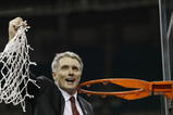 1 Apr 2002:  Coach Gary Williams of Maryland hoists the net in celebration following Maryland's victory in the Men's NCAA National Championship game at the Georgia Dome in Atlanta, Georgia.  Mandatory Credit: Jamie Squire/ESPN/Getty Images. Digital Image.