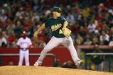 ANAHEIM, CA - APRIL 08:  Andrew Bailey #40 of the Oakland Athletics throws a pitch against the Los Angeles Angels of Anaheim at Angel Stadium on April 8, 2009 in Anaheim, California. The Athletics defeated the Angels 6-4.  (Photo by Jeff Gross/Getty Images)