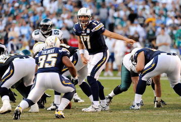 SAN DIEGO - NOVEMBER 15:  Phillip Rivers #17 quarterback of the San Diego Chargers directs his teammates against the Philadelphia Eagles during the NFL football game at Qualcomm Stadium on November 15, 2009 in San Diego, California.  (Photo by Kevork Djansezian/Getty Images)