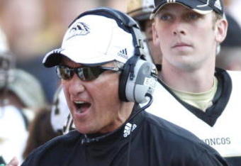 ANN ARBOR, MI - SEPTEMBER 05:  Head coach Bill Cubit of the Western Michigan Broncos yells on the sideline while playing the Michigan Wolverines on September 5, 2009 at Michigan Stadium in Ann Arbor, Michigan. Michigan won the game 31-7. (Photo by Gregory Shamus/Getty Images)
