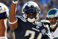 SAN DIEGO - NOVEMBER 15:  LaDainian Tomlinson #21 of the San Diego Chargers celebrates his rushing touchdown against Philadelphia Eagles during the NFL football game at Qualcomm Stadium on November 15, 2009 in San Diego, California.  (Photo by Kevork Djansezian/Getty Images)
