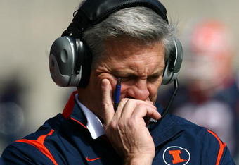 CHAMPAIGN, IL - OCTOBER 10: Head coach Ron Zook of the Illinois Fighting Illini walks the sidelines during a game against the Michigan State Spartans on October 10, 2009 at Memorial Stadium at the University of Illinois in Champaign, Illinois. (Photo by Jonathan Daniel/Getty Images)