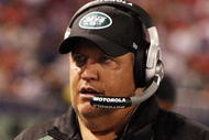 EAST RUTHERFORD, NJ - AUGUST 29:  Head coach Rex Ryan of the New York Jets looks on against the New York Giants on August 29, 2009 at Giants Stadium in East Rutherford, New Jersey.  (Photo by Jim McIsaac/Getty Images)