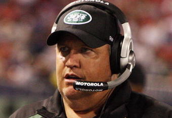 EAST RUTHERFORD, NJ - AUGUST 29:  Head coach Rex Ryan of the New York Jets looks on against the New York Giants on August 29, 2009 at Giants Stadium in East Rutherford, New Jersey.  (Photo by Jim McIsaac/Getty Images)