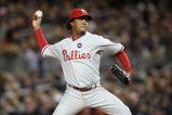 NEW YORK - NOVEMBER 04:  Starting pitcher Pedro Martinez #45 of the Philadelphia Phillies throws a pitch against the New York Yankees in Game Six of the 2009 MLB World Series at Yankee Stadium on November 4, 2009 in the Bronx borough of New York City.  (Photo by Nick Laham/Getty Images)