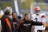 PITTSBURGH, PA - OCTOBER 18: Head coach Eric Mangini of the Cleveland Browns argues with an official during the game against the Pittsburgh Steelers at Heinz Field on October 18, 2009 in Pittsburgh, Pennsylvania. The Steelers defeated the Browns 27-14. (Photo by Joe Robbins/Getty Images)