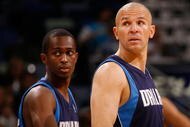 NEW ORLEANS - NOVEMBER 04:  Rodrigue Beaubois #3 and Jason Kidd #2 of the Dallas Mavericks during the game against the New Orleans Hornets at New Orleans Arena on November 4, 2009 in New Orleans, Louisiana.  NOTE TO USER: User expressly acknowledges and agrees that, by downloading and or using this photograph, User is consenting to the terms and conditions of the Getty Images License Agreement.  (Photo by Chris Graythen/Getty Images)