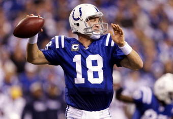 INDIANAPOLIS - NOVEMBER 15: Quarterback Peyton Manning #18 of the Indianapolis Colts throws the ball in the third quarter of the game against the New England Patriots at Lucas Oil Stadium on November 15, 2009 in Indianapolis, Indiana. (Photo by Jamie Squire/Getty Images)