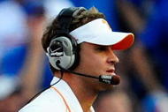 GAINESVILLE, FL - SEPTEMBER 19: Head coach Lane Kiffin of the Tennessee Volunteers watches the action during the game against the Florida Gators at Ben Hill Griffin Stadium on September 19, 2009 in Gainesville, Florida.  (Photo by Sam Greenwood/Getty Images)