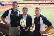 BRISBANE, AUSTRALIA - MAY 11:  (L-R) James Horwill, Tim Horan and Berrick Barnes pose for a photo during the Wallabies 2009 International Test Season Launch at Suncorp Stadium on May 11, 2009 in Brisbane, Australia.  (Photo by Bradley Kanaris/Getty Images)