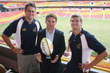BRISBANE, AUSTRALIA - MAY 11:  (L-R) James Horwill, Tim Horan and Berrick Barnes pose for a photo during the Wallabies 2009 International Test Season Launch at Suncorp Stadium on May 11, 2009 in Brisbane, Australia.  (Photo by Bradley Kanaris/Getty Images)