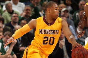 INDIANAPOLIS - MARCH 13: Lawrence Westbrook #20 of the Minnesota Golden Gophers drives against the Michigan State Spartans during the second round of the Big Ten Men's Basketball Tournament at Conseco Fieldhouse on March 13, 2009 in Indianapolis, Indiana. (Photo by Jonathan Daniel/Getty Images)