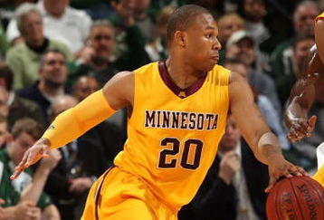 INDIANAPOLIS - MARCH 13:  Lawrence Westbrook #20 of the Minnesota Golden Gophers drives against the Michigan State Spartans during the second round of the Big Ten Men's Basketball Tournament at Conseco Fieldhouse on March 13, 2009 in Indianapolis, Indiana.  (Photo by Jonathan Daniel/Getty Images)