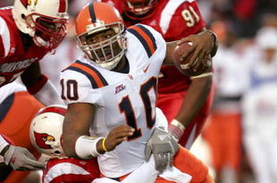 LOUISVILLE, KY - NOVEMBER 26: Zach Anderson #96 of Louisville sacks Perry Paterson #10 of Syracuse in the second quarter November 26, 2005 at Papa John's Cardinal Stadium in Louisville, Kentucky. (Photo by Matthew Stockman/Getty Images)