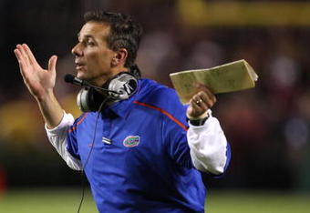 COLUMBIA, SC - NOVEMBER 14:  Head coach Urban Meyer of the Florida Gators yells at a referee against the South Carolina Gamecocks during their game at Williams-Brice Stadium on November 14, 2009 in Columbia, South Carolina.  (Photo by Streeter Lecka/Getty Images)