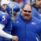 LAWRENCE, KS - OCTOBER 10:  Head coach Mark Mangino speaks with quarterback Todd Reesing #5 of the Kansas Jayhawks during the game against the Iowa State Cyclones on October 10, 2009 at Memorial Stadium in Lawrence, Kansas. (Photo by Jamie Squire/Getty Images)