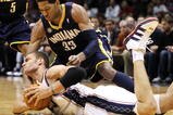 EAST RUTHERFORD, NJ - NOVEMBER 17:  Brook Lopez #11 of the New Jersey Nets fights for the ball with Danny Granger #33 of The Indiana Pacers during their game on November 17, 2009 at The Izod Center in East Rutherford, New Jersey.  NOTE TO USER: User expressly acknowledges and agrees that, by downloading and/or using this Photograph, user is consenting to the terms and conditions of the Getty Images License Agreement.  (Photo by Al Bello/Getty Images)