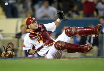LOS ANGELES, CA - MARCH 21:  Catcher Ramon Hernandez #19 of Venezuela reacts after failing to tag out Tae Kyun Kim #52 of Korea in the sixth of the semifinal game of the 2009 World Baseball Classic on March 21, 2009 at Dodger Stadium in Los Angeles, California.  (Photo by Stephen Dunn/Getty Images)