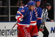 NEW YORK - OCTOBER 14: (L-R) Marian Gaborik #10 and Vinny Prospal #20 of the New York Rangers celebrate a goal against the Los Angeles Kings at Madison Square Garden on October 14, 2009 in New York, New York. The Rangers defeated the Kings 5-4.  (Photo by Bruce Bennett/Getty Images)