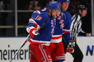 NEW YORK - OCTOBER 14: (L-R) Marian Gaborik #10 and Vinny Prospal #20 of the New York Rangers celebrate a goal against the Los Angeles Kings at Madison Square Garden on October 14, 2009 in New York, New York. The Rangers defeated the Kings 5-4.  (Photo by Bruce Bennett/Getty Images)
