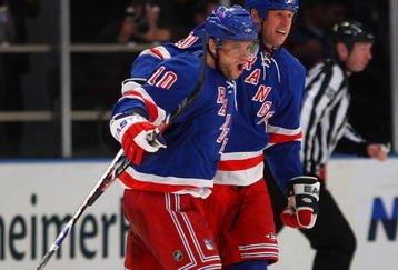 NEW YORK - OCTOBER 14: (L-R) Marian Gaborik #10 and Vinny Prospal #20 of the New York Rangers celebrate a goal against the Los Angeles Kings at Madison Square Garden on October 14, 2009 in New York, New York. The Rangers defeated the Kings 5-4.  (Photo by Bruce Bennett/Getty Images)