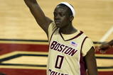 CHESTNUT HILL, MA - FEBRUARY 15:  Reggie Jackson #0 of the Boston College Eagles celebrates late in the second half after the Eagles took the lead against the Duke Blue Devils on February 15, 2009 at Conte Forum in Chestnut Hill, Massachusetts. Boston College defeated Duke 80-74.  (Photo by Elsa/Getty Images)