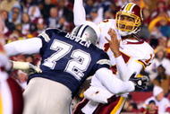 LANDOVER, MD - NOVEMBER 16:  Jason Campbell #17 of the Washington Redskins attempts to get off a pass under pressure from Stephen Bowen #72 of the Dallas Cowboys during their game on November 16, 2008 at FedEx Field in Landover, Maryland.  (Photo by Jim McIsaac/Getty Images)