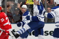 TORONTO, ON - NOVEMBER 07: Wayne Primeau #18 of the Toronto Maple Leafs celebrates his first goal as a Maple Leaf in his game against the Detroit Red Wings at the Air Canada Centre on November 7, 2009 in Toronto, Canada. (Photo by Bruce Bennett/Getty Images)