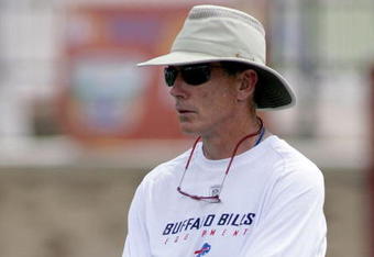 PITTSFORD, NY - JULY 25:  Head coach Dick Jauron  of the Buffalo Bills watches practice during Training Camp on July 25, 2008 at Saint John Fisher College in Pittsford, New York.  (Photo by Rick Stewart/Getty Images)