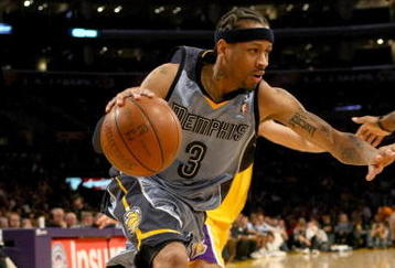 LOS ANGELES - NOVEMBER 6:   Allen Iverson #3 of the Memphis Grizzlies drives against the Los Angeles Lakers on November 6, 2009 at Staples Center in Los Angeles, California. The Lakers won 114-98. NOTE TO USER: User expressly acknowledges and agrees that, by downloading and/or using this Photograph, user is consenting to the terms and conditions of the Getty Images License Agreement.    (Photo by Stephen Dunn/Getty Images)