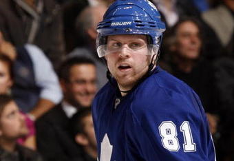 TORONTO - NOVEMBER 3:  Phil Kessel #81 of the Toronto Maple Leafs takes a faceoff against the Tampa Bay Lightning during a NHL game at the Air Canada Centre on November 3, 2009 in Toronto, Ontario, Canada .  (Photo by Abelimages/Getty Images)