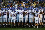 BOULDER, CO - OCTOBER 17: The Kansas Jayhawks huddle up prior to the game against the Colorado Buffaloes at Folsom Field on October 17, 2009 in Boulder, Colorado. (Photo by Garrett W. Ellwood/Getty Images)