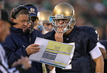 SOUTH BEND, IN - OCTOBER 17: Head coach Charlie Weis of the Notre Dame Fighting Irish gives a play to quarterback Jimmy Clausen #7 during a game against the USC Trojans at Notre Dame Stadium on October 17, 2009 in South Bend, Indiana. USC defeated Notre Dame 34-27. (Photo by Jonathan Daniel/Getty Images)