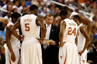 GREENSBORO, NC - MARCH 19:  Head coach Rick Barnes of the Texas Longhorns directs his team in the final minutes of their 76-62 win over the Minnesota Golden Gophers during the first round of the NCAA Division I Men's Basketball Tournament at the Greensboro Coliseum on March 19, 2009 in Greensboro, North Carolina.  (Photo by Streeter Lecka/Getty Images)