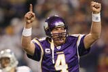MINNEAPOLIS - NOVEMBER 15:  Brett Favre #4 of the Minnesota Vikings celebrates a touchdown in the fourth quarter against the Detroit Lions on November 15, 2009 at Hubert H. Humphrey Metrodome in Minneapolis, Minnesota. The Vikings defeated the Lions 27-10.  (Photo by Elsa/Getty Images)