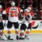 PHILADELPHIA - NOVEMBER 14:  Chris Pronger #20 of the Philadelphia Flyers celebrates his goal against the Buffalo Sabres with his teammates on November 14, 2009 at Wachovia Center in Philadelphia, Pennsylvania. The Sabres defeated the Flyers 3-2.  (Photo by Jim McIsaac/Getty Images)