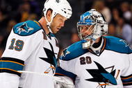 LOS ANGELES, CA - OCTOBER 06:  Evgeni Nabokov #20 goalie of the San Jose Sharks talks to defenseman Joe Thornton #19 against Los Angeles Kings during the NHL hockey game on October 6, 2009 in Los Angeles, California. Kings won, 6-4.  (Photo by Kevork Djansezian/Getty Images)