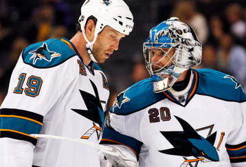 LOS ANGELES, CA - OCTOBER 06:  Evgeni Nabokov #20 goalie of the San Jose Sharks talks to defenseman Joe Thornton #19 against Los Angeles Kings during the NHL hockey game on October 6, 2009 in Los Angeles, California. Kings won, 6-4.  (Photo by Kevork Djansezian/Getty Images)