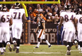 CLEVELAND - NOVEMBER 16: Quarterback Brady Quinn #10 of the Cleveland Browns walks off the field after he threw an interception which was returned for a touchdown in the third quarter by Dawan Landry #26 of the Baltimore Ravens at Cleveland Browns Stadium on November 16, 2009 in Cleveland, Ohio.  (Photo by Matt Sullivan/Getty Images)