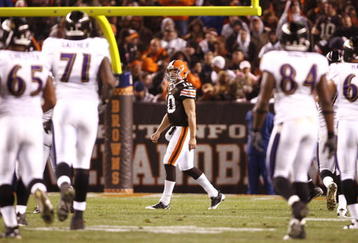 CLEVELAND - NOVEMBER 16: Quarterback Brady Quinn #10 of the Cleveland Browns walks off the field after he threw an interception which was returned for a touchdown in the third quarter by Dawan Landry #26 of the Baltimore Ravens at Cleveland Browns Stadium on November 16, 2009 in Cleveland, Ohio.  (Photo by Matt Sullivan/Getty Images)
