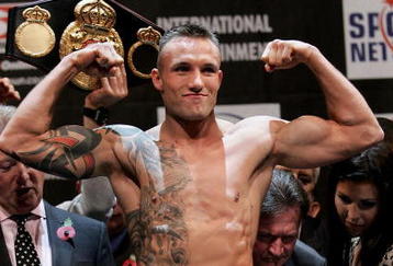 CARDIFF, WALES - NOVEMBER 2:   Mikkel Kessler goes on the scales during the weigh-in before his super-middleweight title fight against Joe Calzaghe on November 2, 2007 at St. David's Hall in Cardiff, Wales. (Photo by John Gichigi/Getty Images)